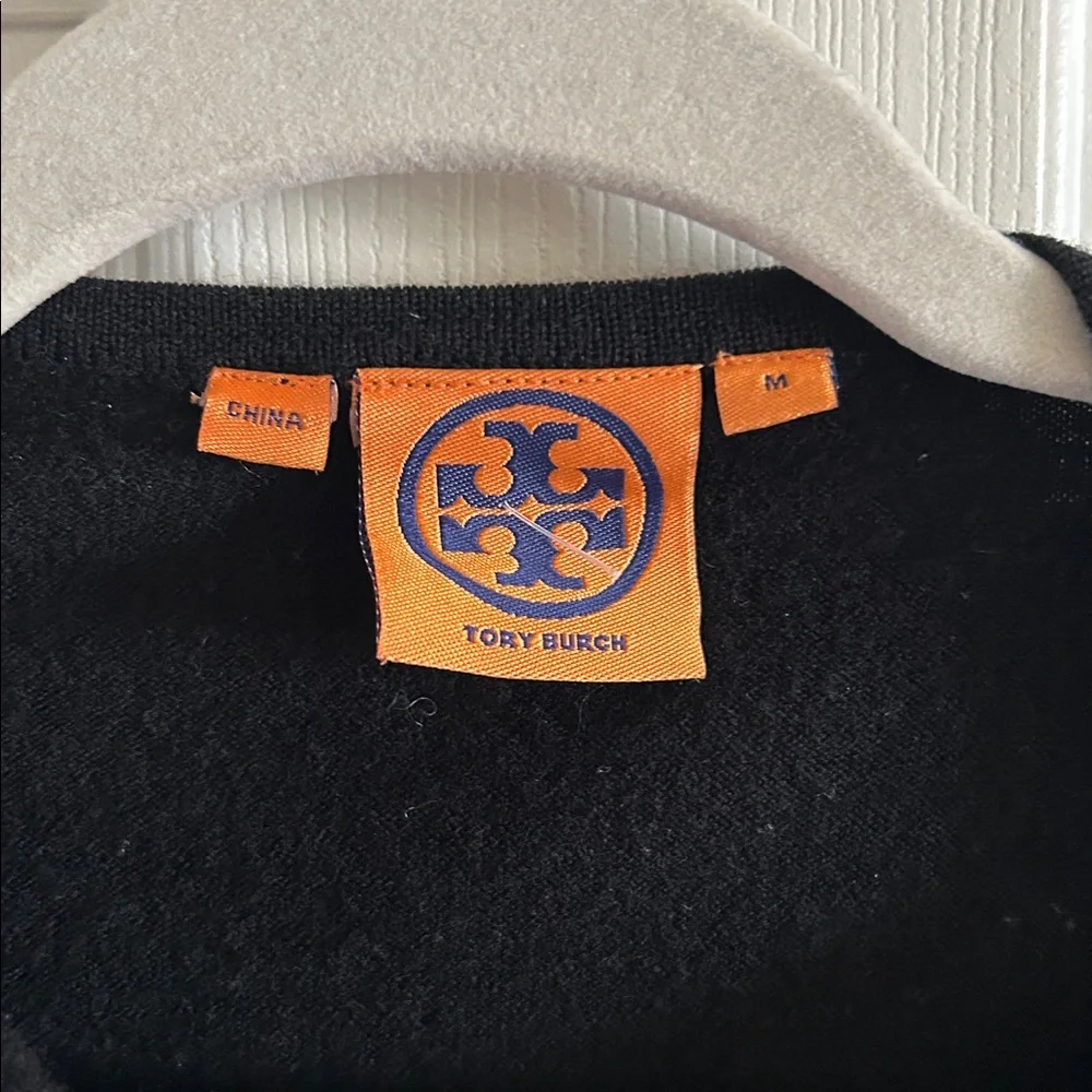 Tory Burch Black Merino Wool Ruffle Trim Open‎ Front Cardigan Sweater Sz Med